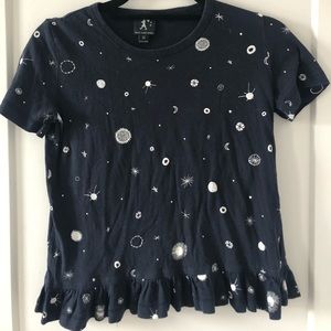 Karen Walker navy star ruffle hem t shirt, size 2